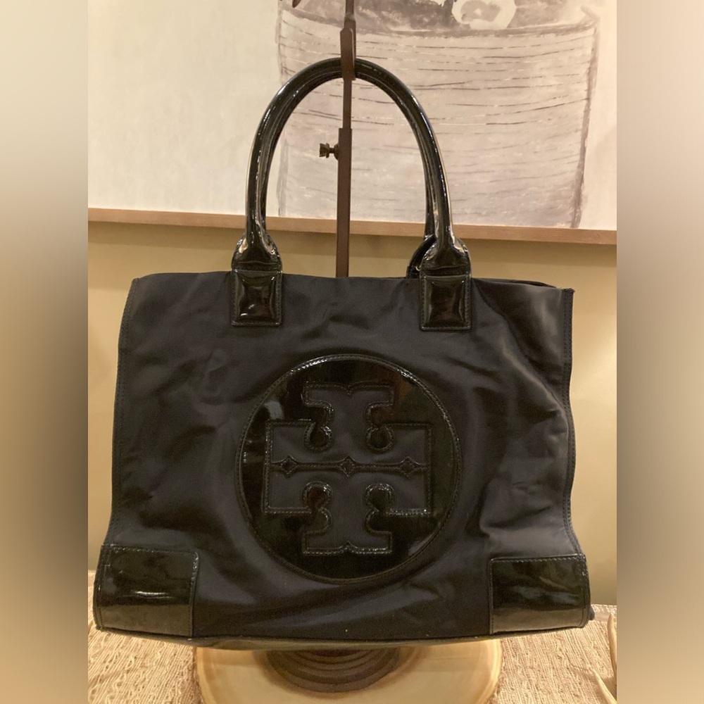 Tory Burch Large Black Patent Leather & Nylon Ella Tote Bag Purse!!